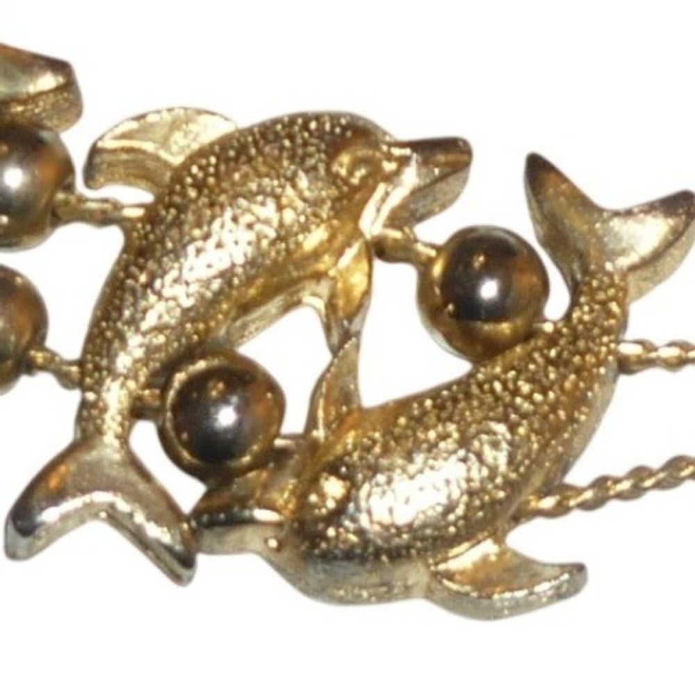 Vintage Gold Tone Double Strand Dolphin Bracelet Textured MCM Brutalist 7.5"